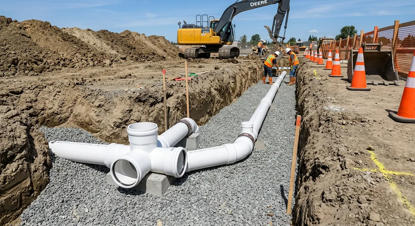 New PVC sewer pipe installation in open trench for Grease Trap Cleaning in Signal Hill