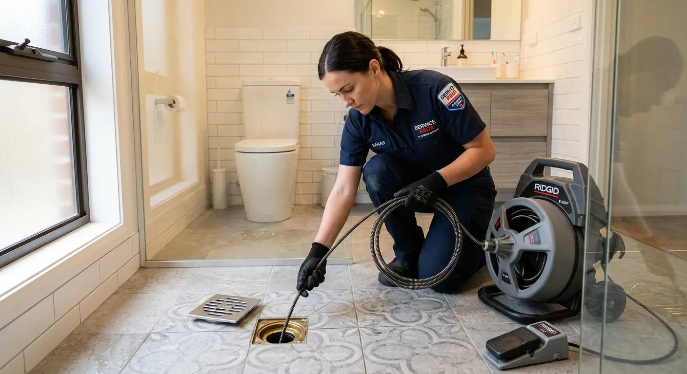Technician clearing a bathroom floor drain for Drain Repair in Signal Hill